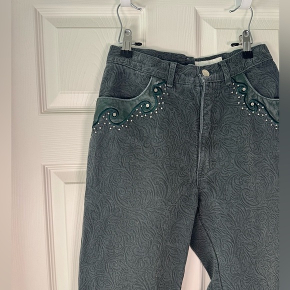 Rare Vintage Cache Embellished Dark Green Textured High Rise Mom Jeans Size 6 - Picture 2 of 13